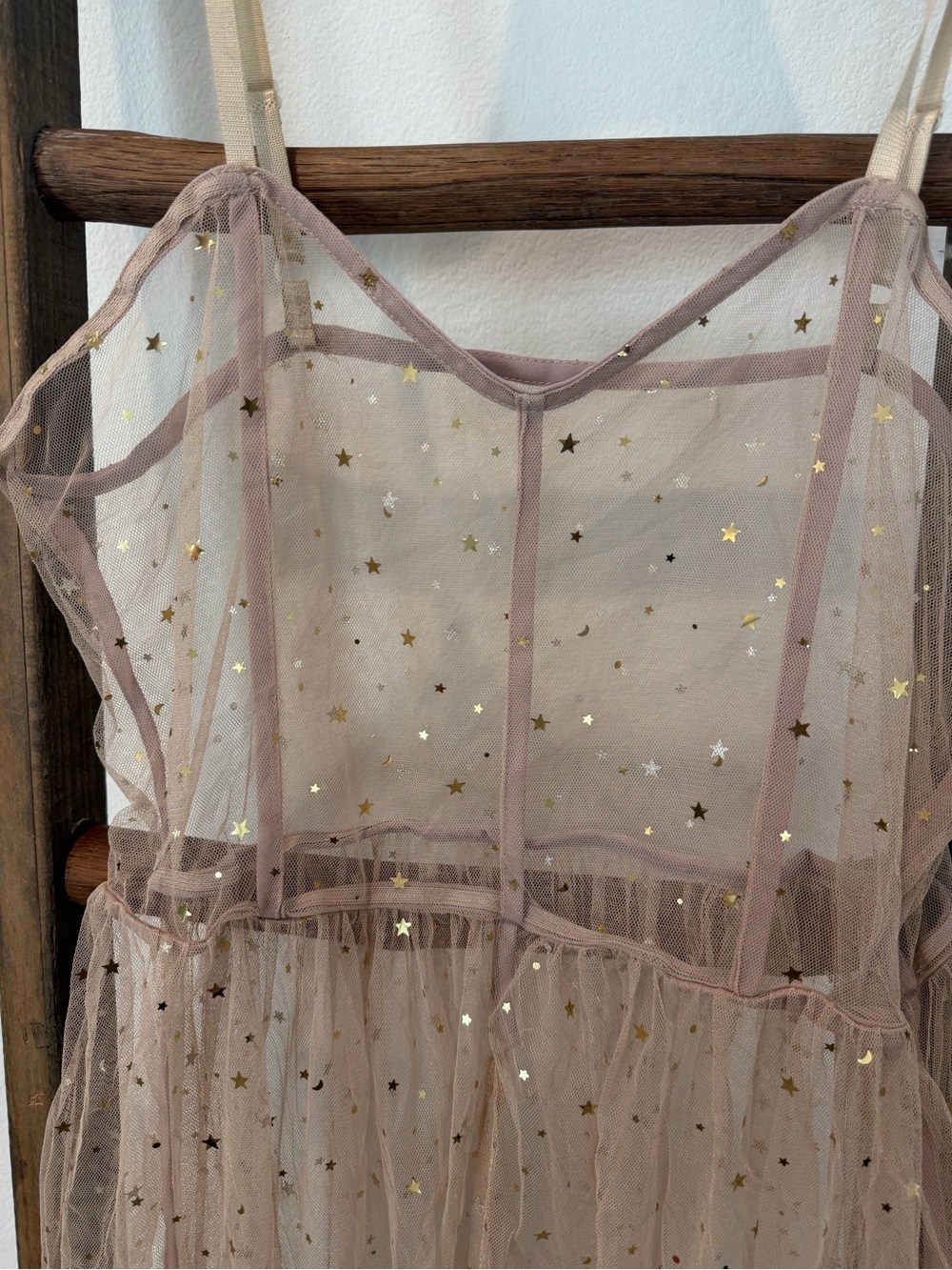 SHEIN Blush Pink Star-Print Mesh Slip Dress with Gold Accents